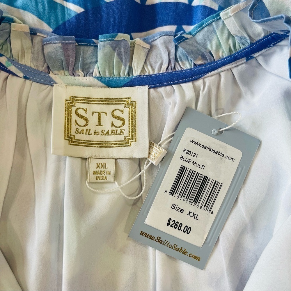 Sail To Sable Size XXL Poppy Ruffle Neck Tiered Dress Blue Multi NWT $268 - Picture 10 of 12